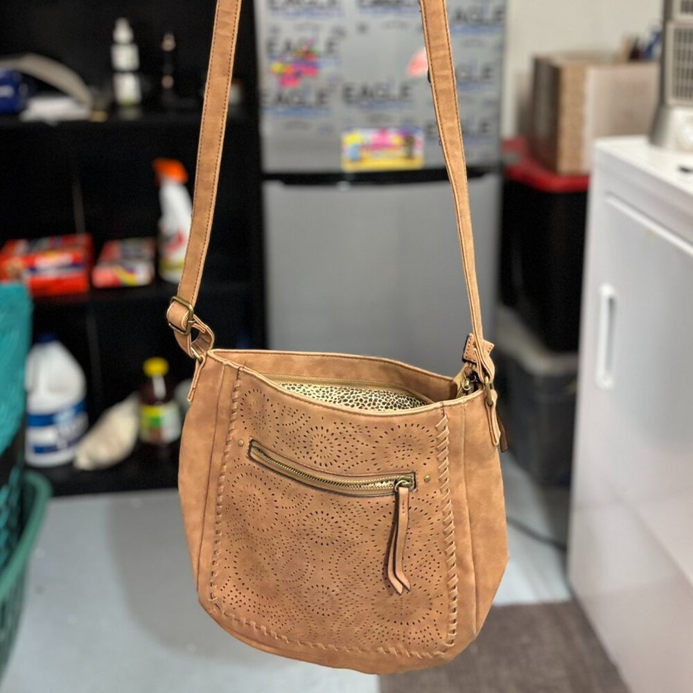 Tan Suede-Like Crossbody Purse Shoulder Bag, Slouchy. Zippered, pockets